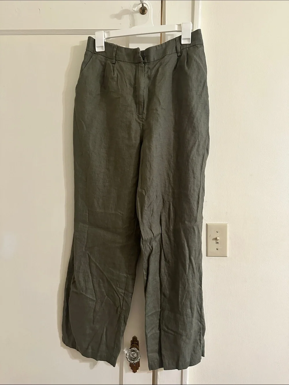 Quince Bayberry Olive Green 100% Linen Pleated Trousers